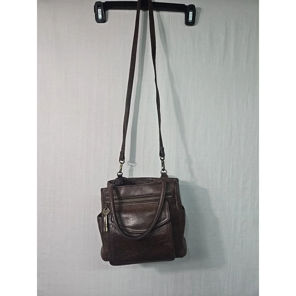 VTG Fossil Brown Pebbled Leather‎ Pockets Top Handle Small Satchel Crossbody Bag